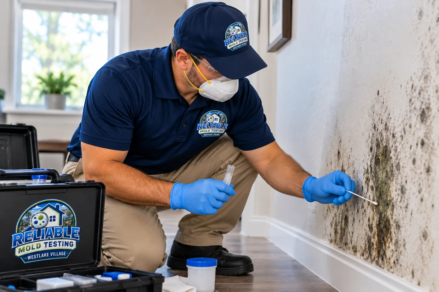 Technician inspecting a wall